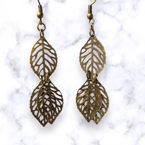 Handmade Leaf Earrings Brass Filigree Dangle Statement Leaves Pierced Boho - Picture 3 of 9